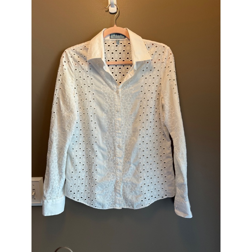 Hawes & Curtis White Eyelet Embroidered Cotton Button Down Shirt UK 12 US 8